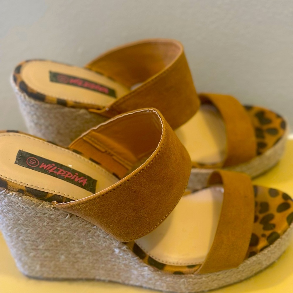 Wild Diva Tan Wedge Sandals with Animal Print